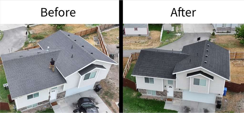 Before and after: residential roof restored with GoNano rejuvenation coating, featured on the Blue Ridge NanoGuard website