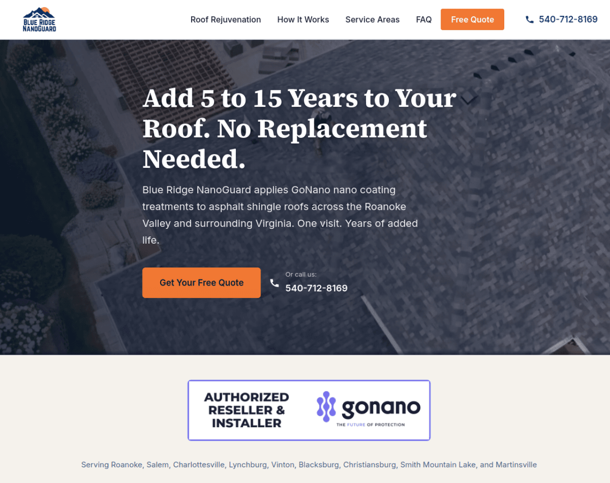 Blue Ridge NanoGuard website homepage showing roof rejuvenation coating services for Roanoke, VA